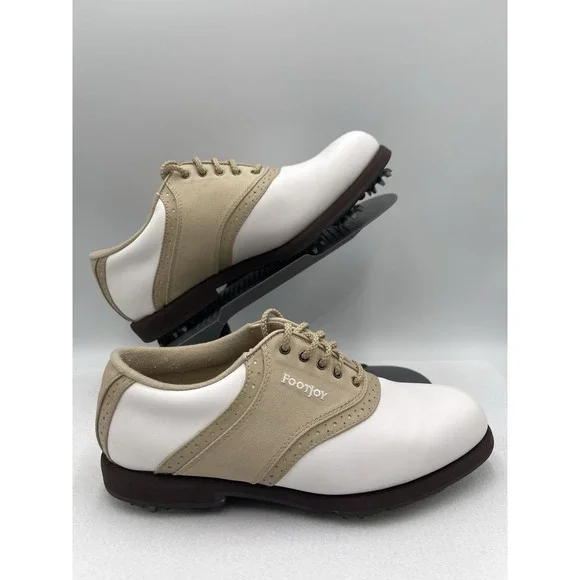 FOOTJOY GreenJoys Womens White Leather Khaki Trim Golf Shoes Size 7.5 M - Picture 4 of 10